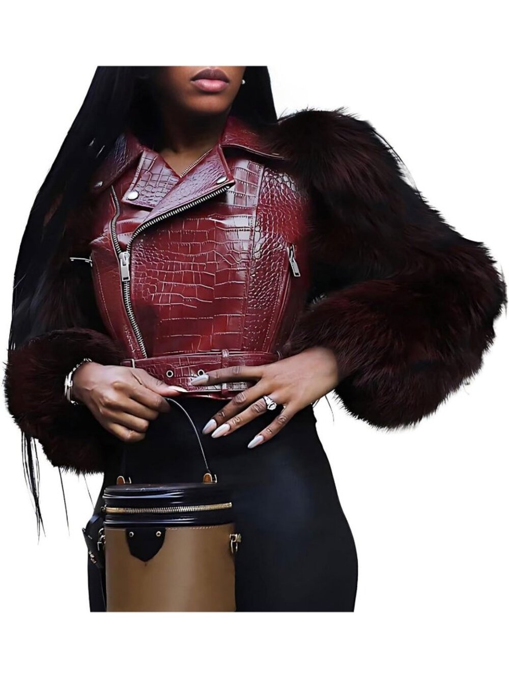 Women's Burgundy Fur Long Sleeve Classic Zipper Up Belt Motorcycle Short Jackets